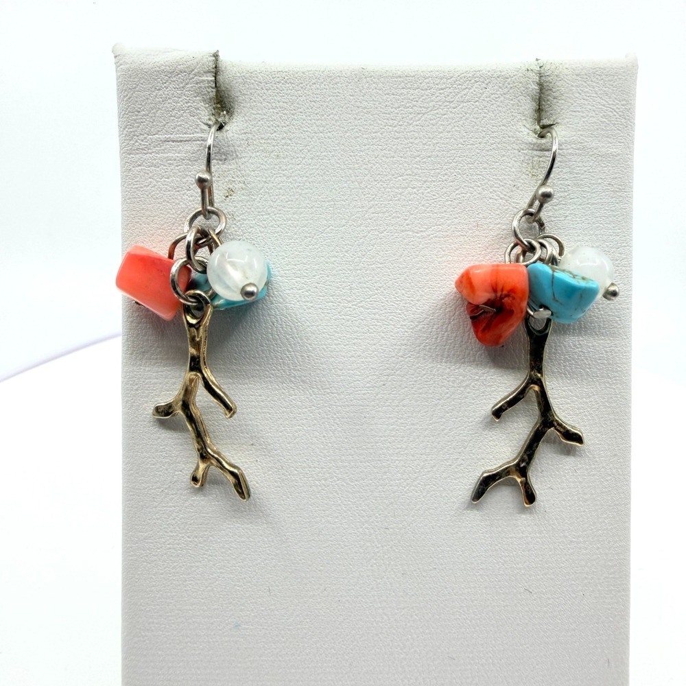 Boho Coral Branch Drop Earrings with Faux Turquoise & Orange Stone Cluster